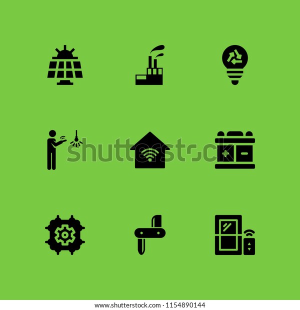 9 electric icons in vector set. smart\
home, battery, solar panel and industrial building with\
contaminants illustration for web and graphic\
design