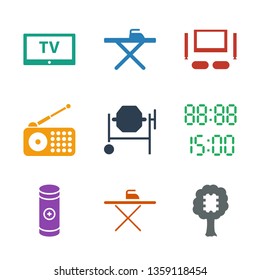9 electrical icons. Trendy electrical icons white background. Included filled icons such as CPU in tree, ironing table, battery, digital time. electrical icon for web and mobile.