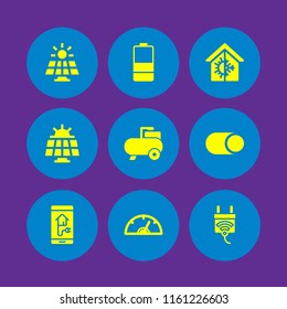 9 electrical icons in vector set. meter, power, switch and solar panel illustration for web and graphic design