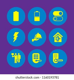 9 electricity icons in vector set. covered food tray on a hand of hotel room service, lightning electric energy, smart lock and switch illustration for web and graphic design