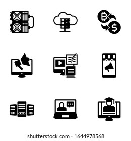 9 electronic filled icons set isolated on white background. Icons set with mining farm, e-Book, crypto-exchange, Digital marketing, Payment Processor, Mobile marketing icons.