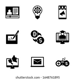9 electronic filled icons set isolated on white background. Icons set with eCommerce marketing, fintech innovation, Mobile marketing, electronic signature, crypto-exchange icons.