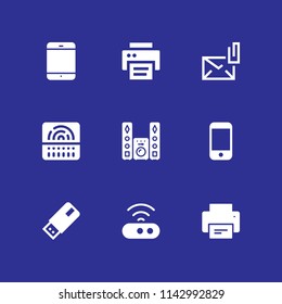 9 electronic icon set with sound system, pendrive and printer vector illustration for graphic design and web