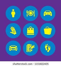 9 elegant icons in vector set. dinner, spiral, feet and shopping bag illustration for web and graphic design