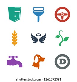 9 emblem icons. Trendy emblem icons white background. Included filled icons such as d letter, wolf, tap, plant, wings, wheel, filter, shield. emblem icon for web and mobile.