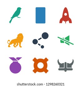 9 emblem icons. Trendy emblem icons white background. Included filled icons such as helmet, generic currency, medal, no sound, share, lion, rocket. emblem icon for web and mobile.