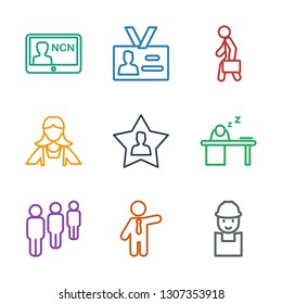 9 employee icons. Trendy employee icons white background. Included outline icons such as worker, businessman, group, man sleeping on table, favourite user. employee icon for web and mobile.