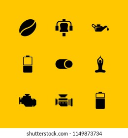 9 energy icons in vector set. buddhist yoga pose, switch, bean and motor illustration for web and graphic design
