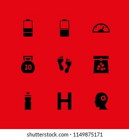 9 energy icons in vector set. kettlebells, mind, water bottle and ecology and environment illustration for web and graphic design