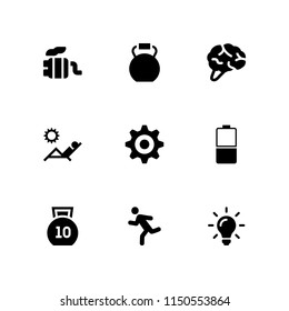 9 energy icons in vector set. run, kettlebells, nervous system and sun illustration for web and graphic design