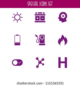 9 energy icons in vector set. fuel, switch, huge and battery illustration for web and graphic design