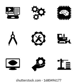9 engineering filled icons set isolated on white background. Icons set with Systems Integration, cogwheel, Artificial Intelligence, Compasses, Repair service, bulldozer icons.