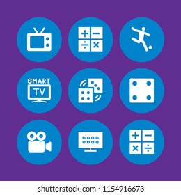 9 entertainment icons in vector set. television, soccer, dice and smart tv illustration for web and graphic design