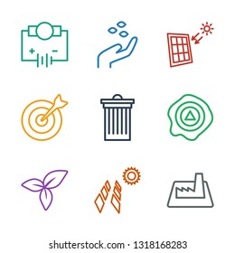 9 environment icons. Trendy environment icons white background. Included outline icons such as factory, solar panel, leaf, arrow up, trash bin. environment icon for web and mobile.