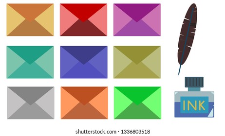 9 epistle in different colors and a quill pen and a ınk bottle in front white background