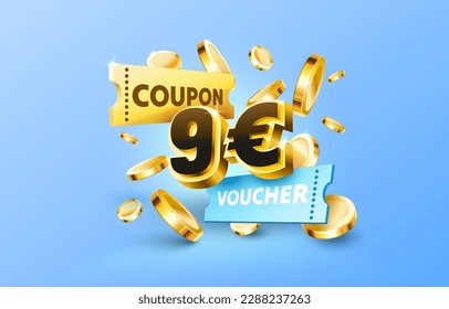 9 euro coupon gift voucher, cash back banner special offer. Vector illustration