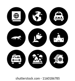 9 europe icons in vector set. mountain, earth globe with continents maps, fortress and taxi illustration for web and graphic design