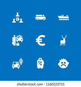 9 europe icons in vector set. person travelling in a boat transport floating on the sea, euro, traffic and stunned illustration for web and graphic design