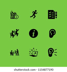 9 exam icons in vector set. hear, running stick figure, info and quiz illustration for web and graphic design