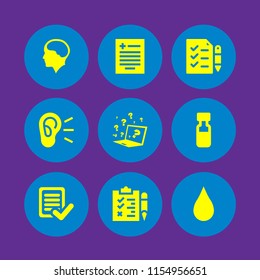 9 examination icons in vector set. quiz, vial, blood and ear illustration for web and graphic design