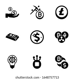 9 iconos rellenos de intercambio aislados en fondo blanco. Iconos con Dividendos, Minería, Altcoin, barra de oro, Ingresos Netos, Criptomoneda, innovación en fintech, Fork, íconos de intercambio criptográfico.