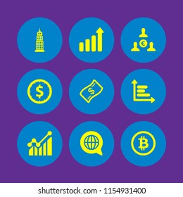 9 exchange icons in vector set. skyscraper, euro, graph and banknote illustration for web and graphic design