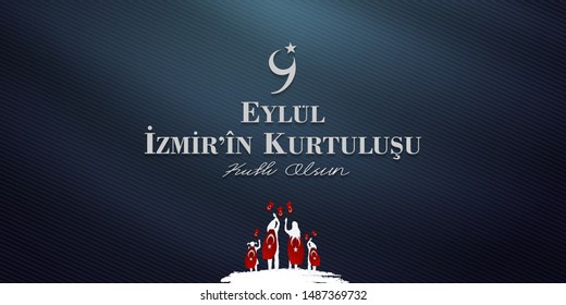  (Turkish: 9 Eylul Izmir’in Kurtulusu) September 9, Salvation of Izmir. Republic of Turkey National Celebration Card - English “September 9, Salvation of Izmir" Typographic Badge. Turkish flag symbol.