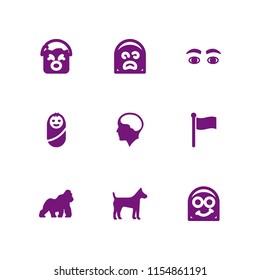 9 face icons in vector set. brain inside human head, flag signal in black cloth on a pole, yawning and africa illustration for web and graphic design