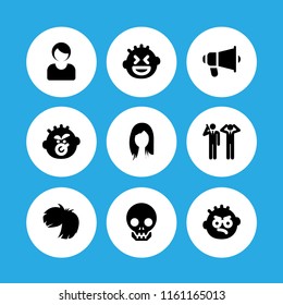 9 face icons in vector set. smiling, human skull, shout and wig illustration for web and graphic design