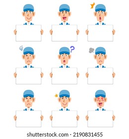 9 facial expressions of a man wearing blue work clothes holding a whiteboard