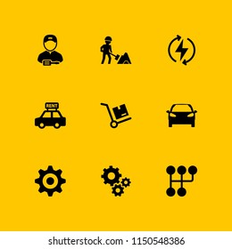 9 factory icons in vector set. cog, gear, worker and automobile illustration for web and graphic design