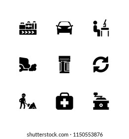 9 factory icons in vector set. load, conveyor belt, worker and treatment illustration for web and graphic design