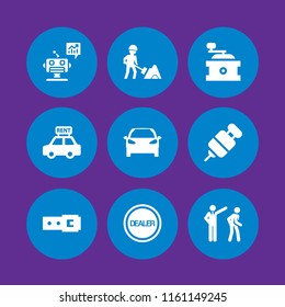 9 factory icons in vector set. worker, robot, automobile and belt illustration for web and graphic design