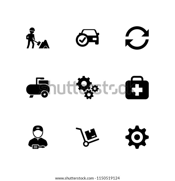 9 factory\
icons in vector set. automobile, compressor, gear and worker\
illustration for web and graphic\
design