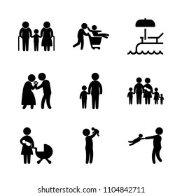 9 Family icons vector set. vacations, young, buy and enjoying illustration for web.