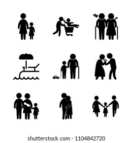 9 Family icons vector set. shopping, aged, hugging and adult illustration for web.