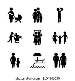 9 Family icons vector set. childhood, icon, nobody and pensioner illustration for web.