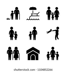 9 Family icons vector set. grass, sun, indoor and sister illustration for web.