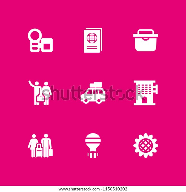 9 family icons in vector set. farming and\
gardening, car with luggage, vacations and holidays illustration\
for web and graphic design