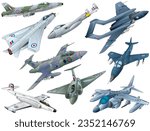 9 famous English jet fighter selection, illustrated vector collection.