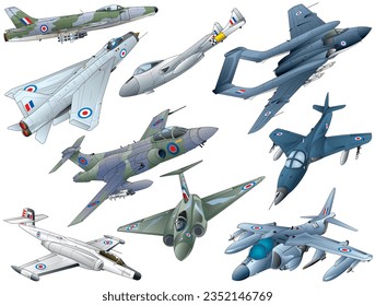 9 famous English jet fighter selection, illustrated vector collection.