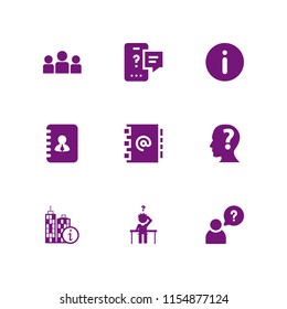 9 faq icons in vector set. address, question, info and human head with a question mark inside illustration for web and graphic design