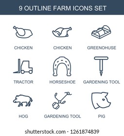 9 farm icons. Trendy farm icons white background. Included outline icons such as chicken, greenohuse, tractor, Horseshoe, gardening tool, hog, pig. farm icon for web and mobile.