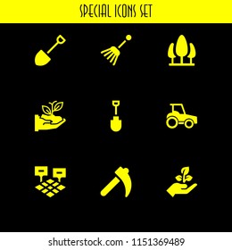 9 farm icons in vector set. shovel, tractor side view, park and seeding illustration for web and graphic design