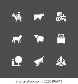9 farm icons in vector set. cow silhouette, windmill, man riding a horse and tractor illustration for web and graphic design