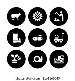 9 farmer icons in vector set. cow silhouette, marijuana plantation, farming and gardening and tractor illustration for web and graphic design
