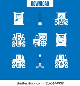9 farmer vector icon set with tractor, seeds and rake icons for mobile and web