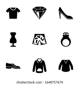 9 fashion filled icons set isolated on white background. Icons set with t-shirt, diamond, woman shoes, sewing mannequin, shorts, handmade Jewelry, Man shoes, sweatshirt icons.