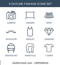 9 fashion icons. Trendy fashion icons white background. Included outline icons such as camera, hanger, skirt, mustache, singlet, diamond, winter hat. fashion icon for web and mobile.