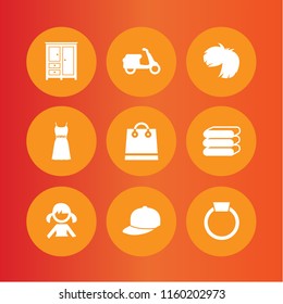 9 fashion icons in vector set. bedroom black closed closet for clothes, baseball cap, ring with precious stone and bag illustration for web and graphic design